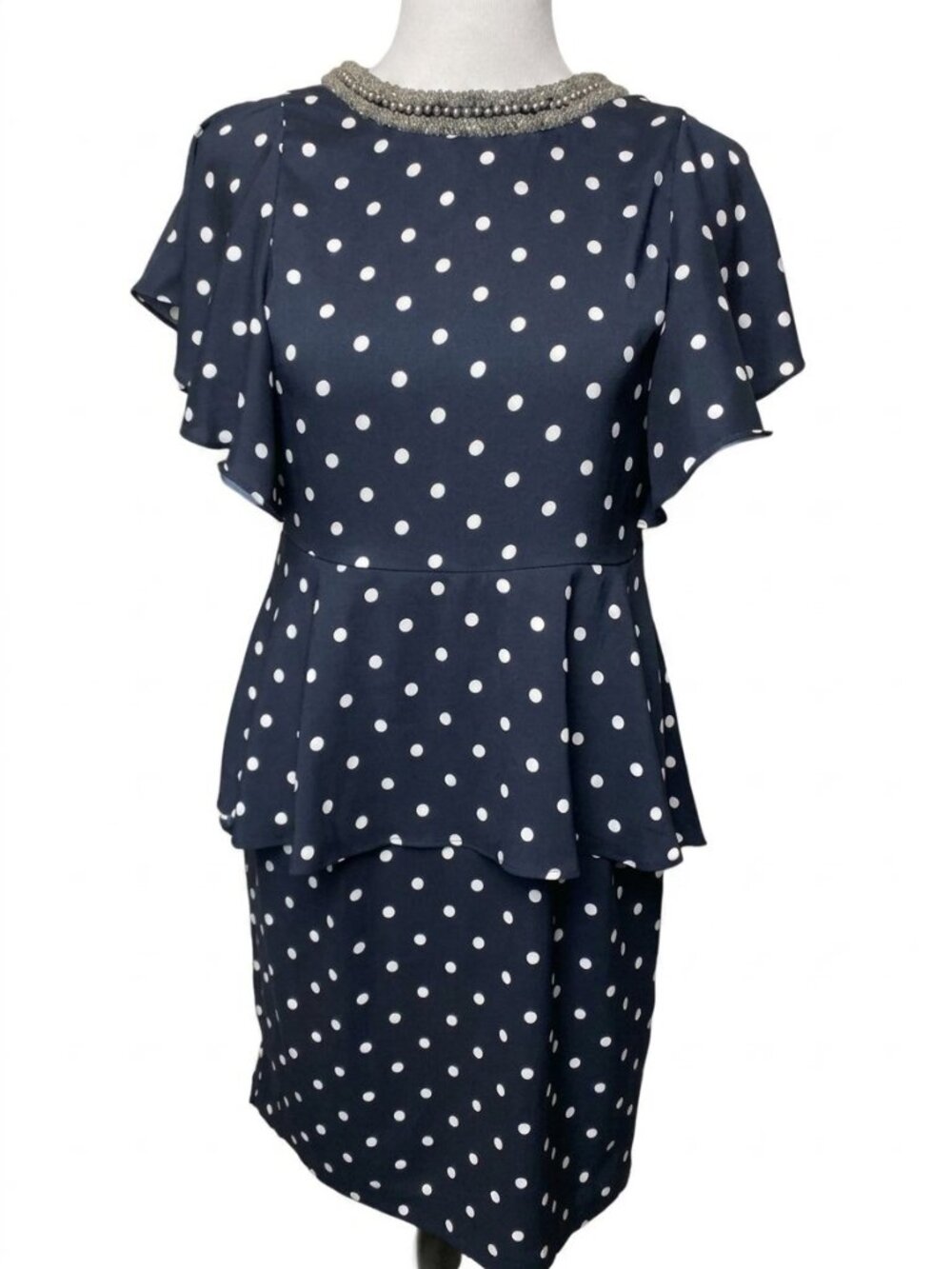 The Limited Navy Polka Dot Peplum Dress - Size 0 (Beaded Neckline)